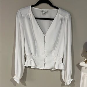 White Button-Up Blouse with Smocked Waist